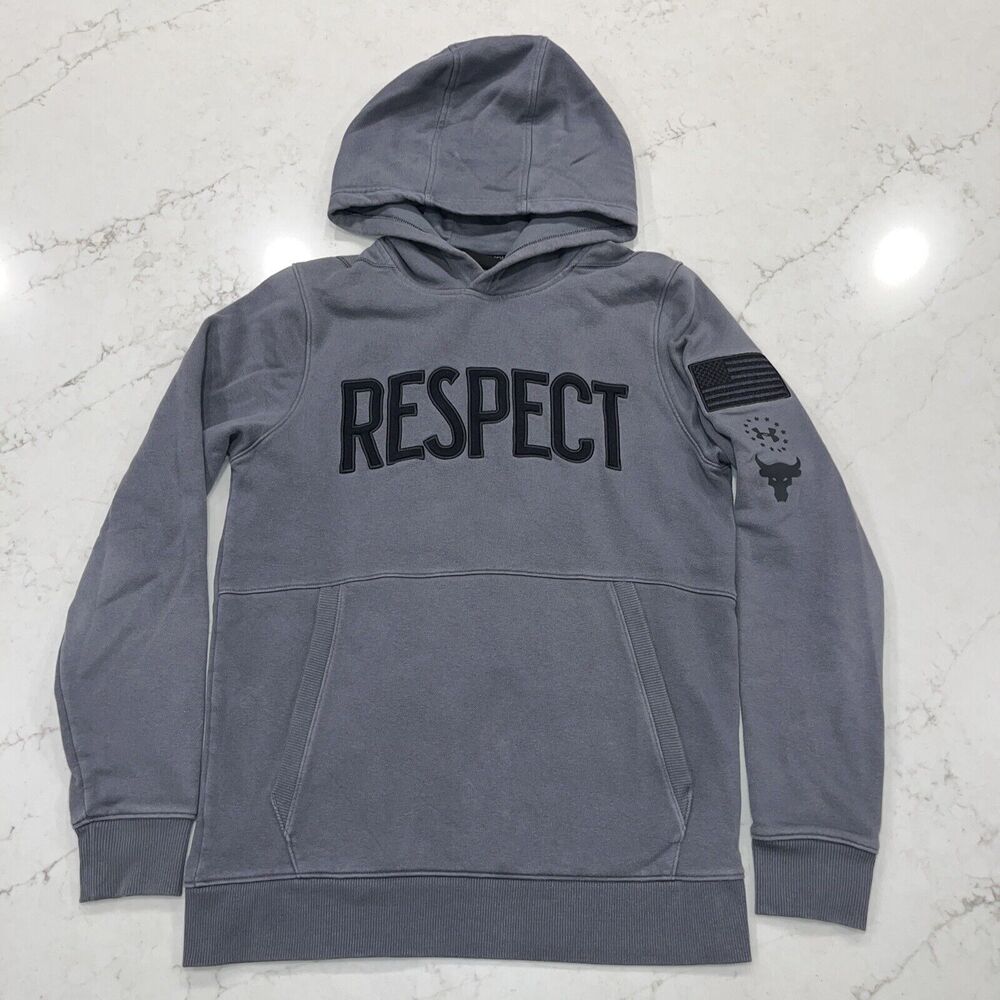 Under Armour Sz Small Fitted Project Rock Hoodie Sweatshirt Gray Respect USA